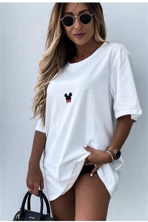 AFROGİYİM Kadın Beyaz Mickey Mouse T-shirt