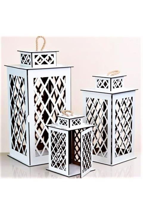 Bilge Lazer 3lü Ahşap Dekoratif Fener Mumluk Seti Üçlü Takım Set Beyaz Renk Bambu Halatlı