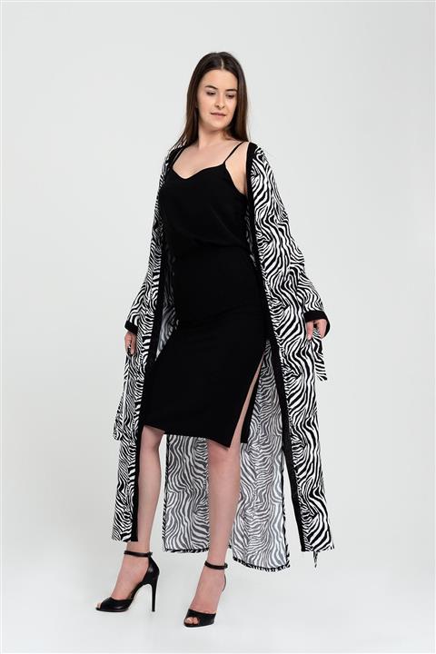 Due Stelle Kadın Zebra Desen Kemerli Uzun Kimono