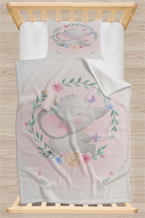Else Halı Gri Pembe Fil Hayvanlı Desenli Tek Kişilik Çocuk Pike Takımı
