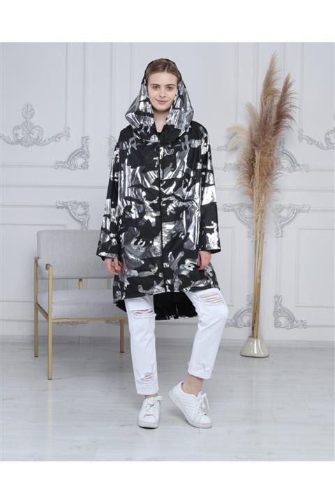 Çiğdem Koç Butik Kadın Siyah Gümüş Varaklı Yağmurluk