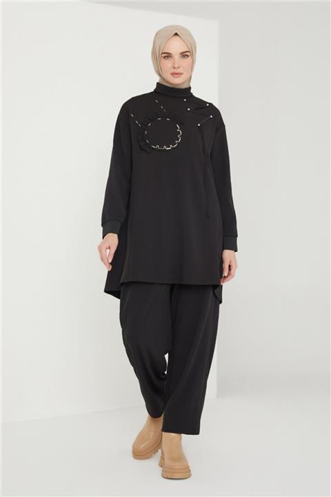 Armine Ribana Ve Işleme Detaylı Ikili Takım 21k6308 Siyah
