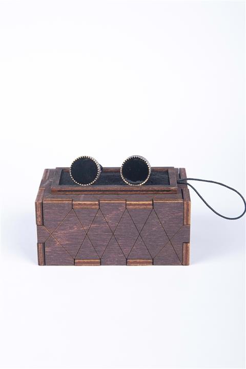 BAYEFENDİ Ahşap Kutulu Gümüş Rengi Siyah Taş Detaylı Kol Düğmesi Kravat İğnesi Hediyeli