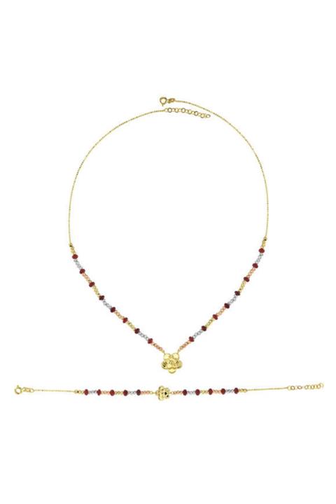 Gonca Gold Gül Figürlü, Bordo Taşlı, Renkli Altın Dorika Toplu, 14 Ayar, Sarı Altın Takım - 9,15 Gr