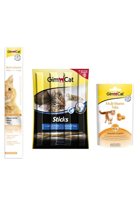 Gimcat Multi Vitamin Paste 100 gr + Sticks Somonlu 20 gr + Multi Vitamin Tabs 40 gr Kedi Ödülü