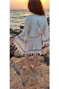 Mynova Textile Flamingo Keten Kısa Kimono Kaftan Plaj Bornozu