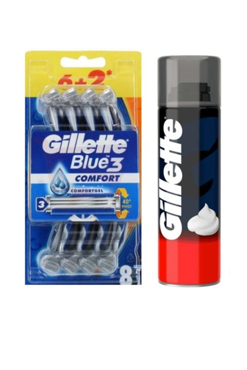Gillette Blue3 Comfort Tıraş Bıçağı 8 Li + Sinekkaydı 200 Ml Tıraş Köpüğü