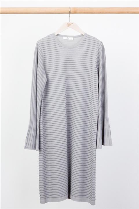 Tığ Triko Sim Çizgili Rayon Tunik Gri