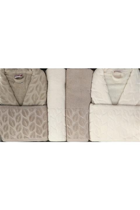 Nurpak Unisex Bej Pamuk Bornoz Aile Seti