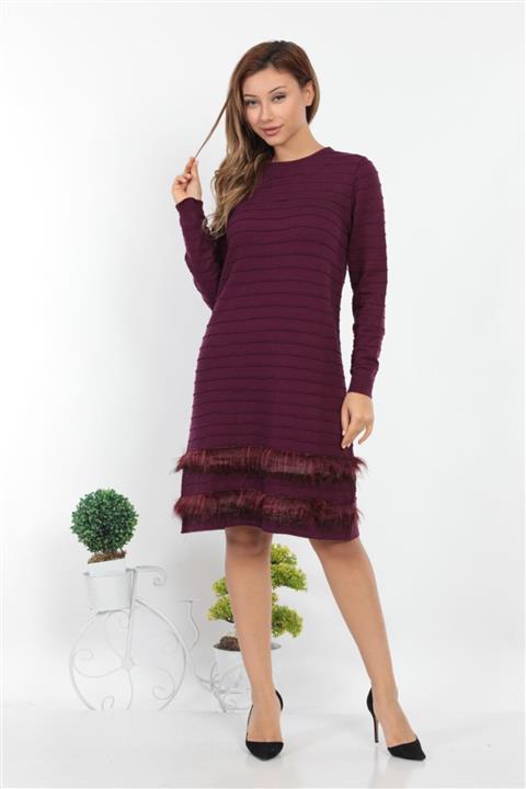 FTZ Kadın Mürdüm Kürk Detaylı Tunik