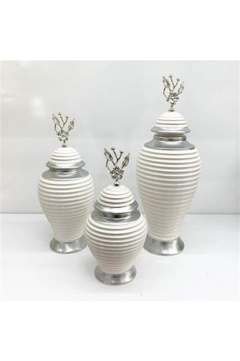 çilekev 3'lü Seramik Beyaz Gümüş Japon Güllü Salon Takımı Saksı Obje