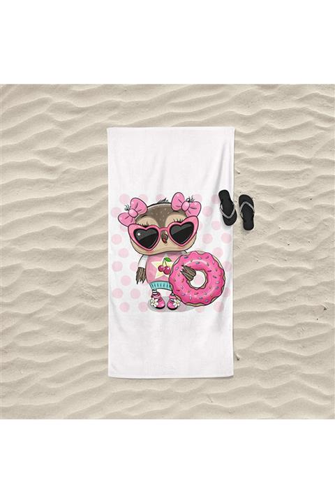 DECOSEW Donutlu Baykuş Figürlü Tasarım Plaj Havlusu