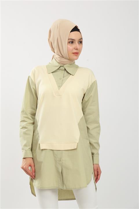LOREEN FASHİON Tesettür Çağla Süeter Detaylı Gömlek