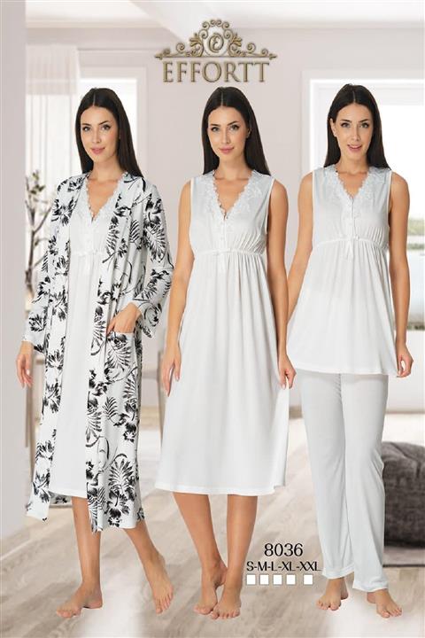 kaktüslohusa Effortt Kadın Ekru Hamile Lohusa Gecelik Sabahlık Pijama Takımı 4'lü Set 8036