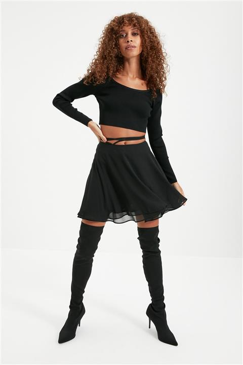 TRENDYOLMİLLA Siyah Bağcık Detaylı Şifon Etek TWOAW22ET0077