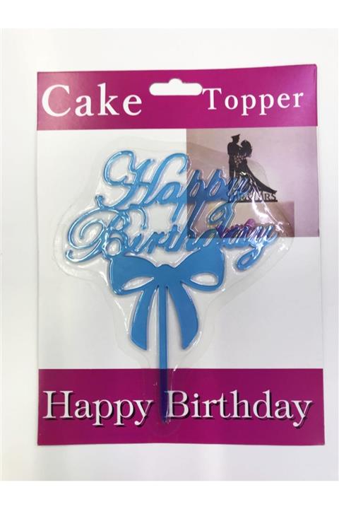 DNZ İNCE Parti Happy Birthday Yazılı Fiyonklu Pasta Kek Çubuğu Mavi Renk