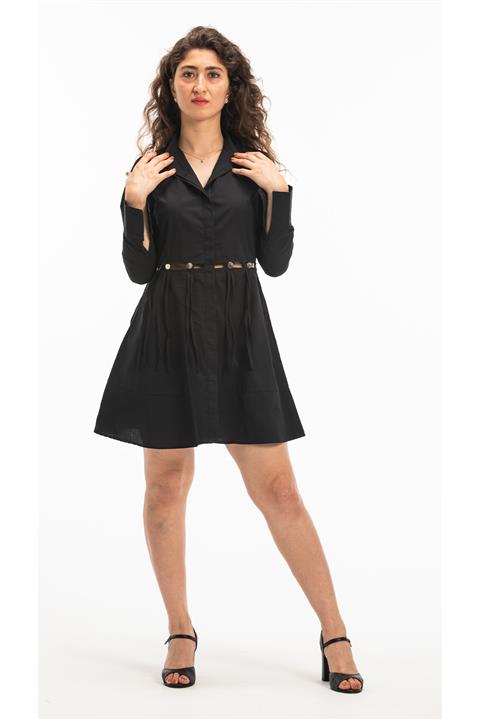 MİLLAZONE Kadın Siyah Dekolteli Dokuma Fit Gömlek Yaka Plaj Elbisesi Pareo