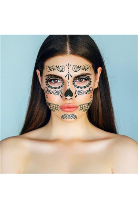 Market66 Yüz Surat Maske Geçici Dövme Büyük Boy Siyah Beyaz Tattoo Kafatası Cadılar Bayramı