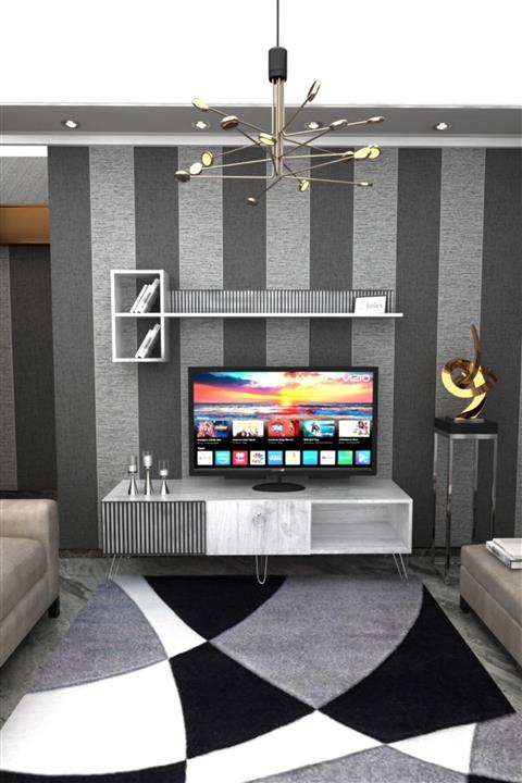 kolex Azra Tv Ünitesi 160 Cm Antik Beyaz Renk, Krom Metal Ayaklı