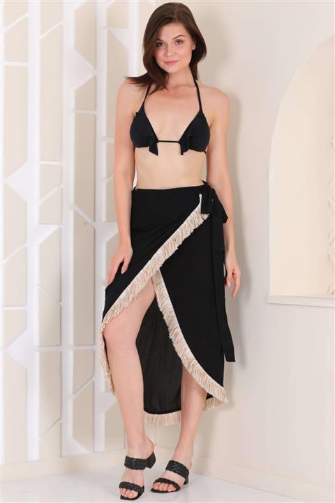 Ortaya Çık Pamuk Pu sku l Detaylı Siyah Pareo Etek