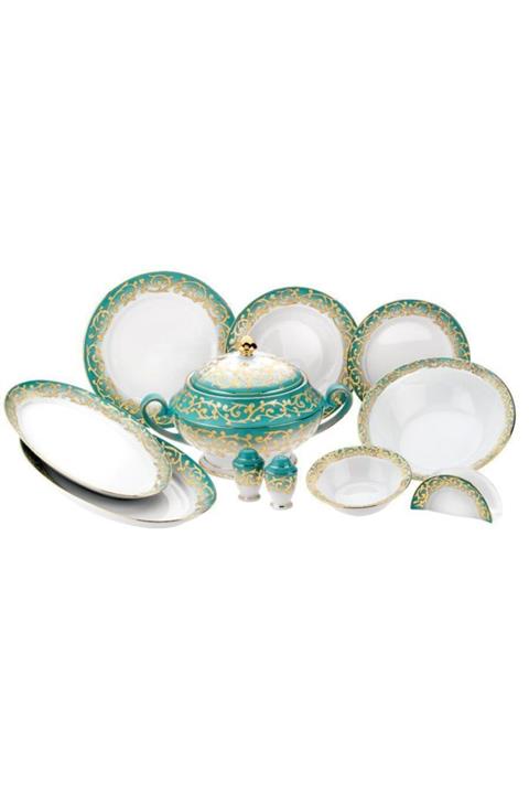 Kütahya Porselen Kütahya Porslen Yasemin 77 Parça El Dekoru Yemek Takımı Turkuaz