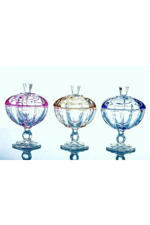 SIGMA GLASS Skoleksiyon 12 Cm Renkli Kristal Ayaklı Kapaklı Şekerlik