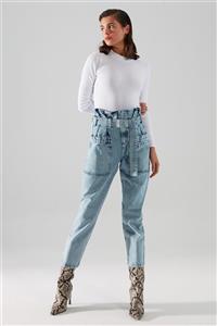 TRENDYOLMİLLA Mavi Beli Büzgülü Yüksek Bel Mom Jeans TWOAW22JE0598