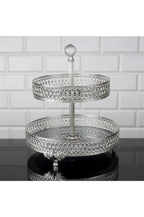 Favorite Kitchen Aynalı 2 Katlı Yuvarlak Kurabiyelik Sunumluk Ikramlık Gümüş 30x26cm