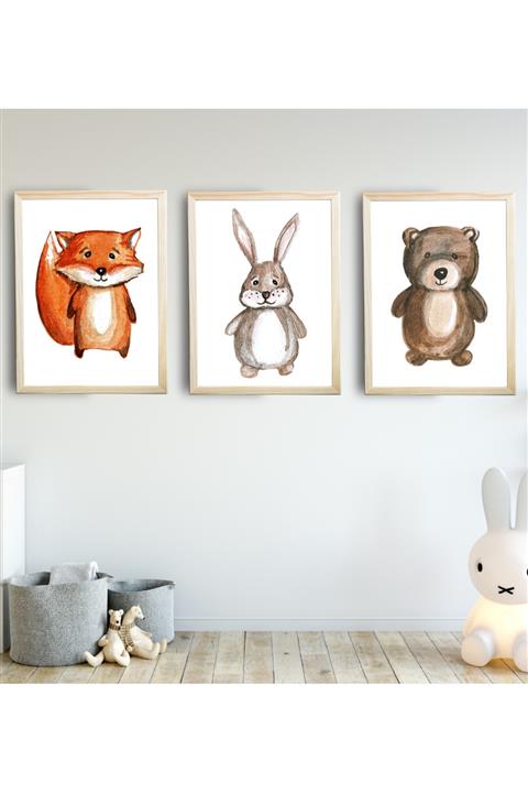 SUNNYFUNNYKIDS Bebek Çocuk Odası Tablo Tilki Tavşan Ayı 3'lü Naturel Renk Doğal Ahşap Çerçeveli Set 30x40 Cm