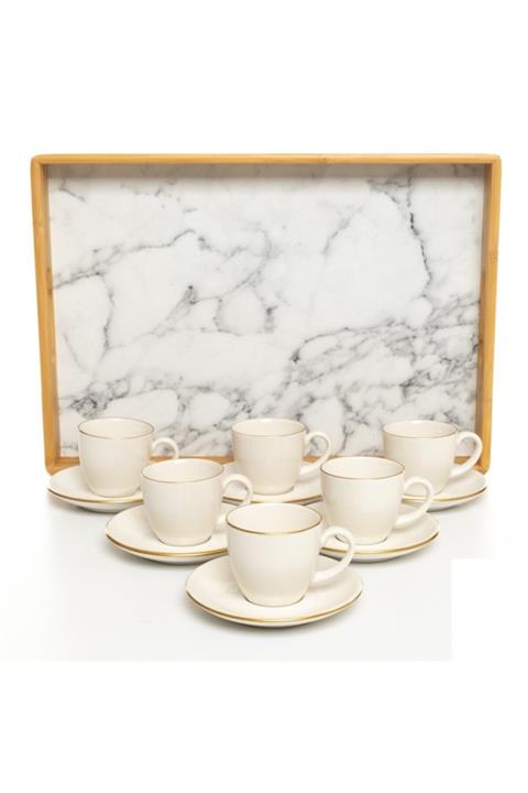 Bambum Diva Porselen Bambu Beyaz Tepsili Kahve Fincan Takımı 6lı