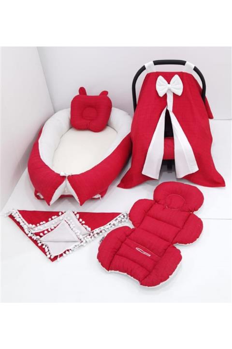 mordesign Ortopedik Puset Minder, Çarşaf, Örtü, Pike Ve Anne Yanı Babynest Yatak 6'lı Set, Kırmızı