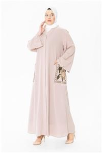 Beyza Çıtçıtlı Cepleri Nakışlı Bej Abaya 3379