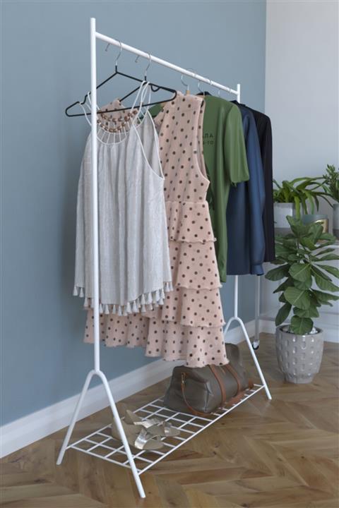 MONTANA Tek Raflı Beyaz Metal Ayaklı Portmanto Askılık, Konfeksiyon Elbise Askısı