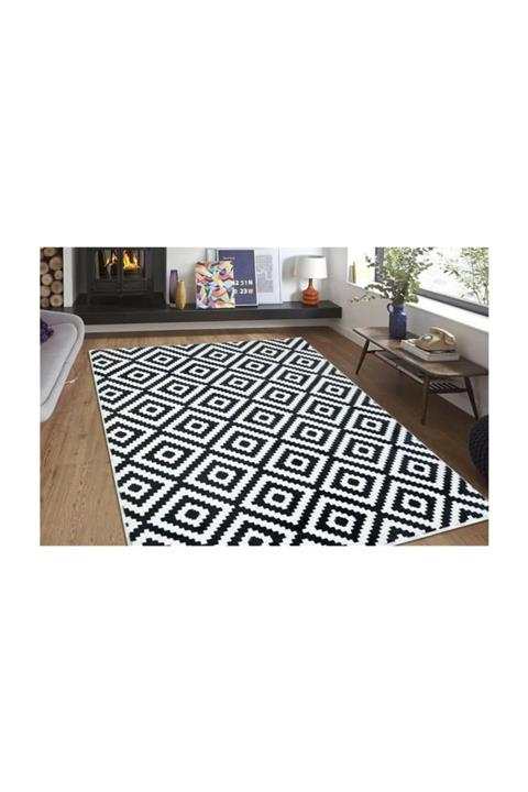 Sarar Siyah Beyaz Piramit Desen Kaydırmaz Taban Yolluk