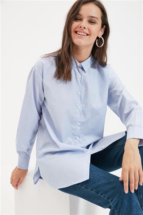 Trendyol Modest Mavi Gömlek Yaka Tunik TCTAW22UK0077