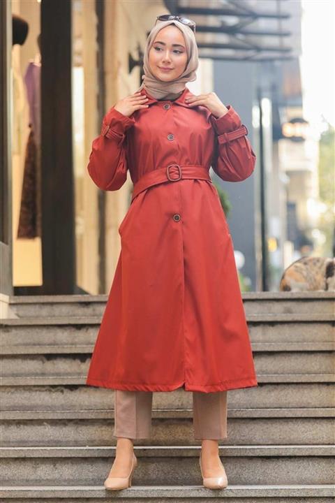 Neva Style - Düğmeli Kiremit Tesettür Trençkot 5169krmt