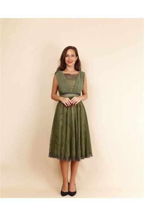 nefeli Tül Dantel Yeşil Elbise
