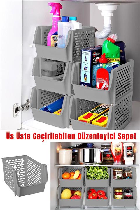Helen's Home Üst Üste Geçirilen Banyo Mutfak Rafı Tezgah Altı Düzenleyici Sepet Raf Gri