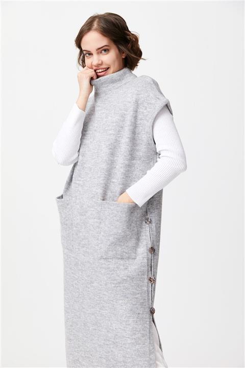 Tığ Triko Yırtmaçlı Cepli Triko Tunik Gri