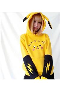 Black Fashion Pikaçu Pokemon Desenli Kulaklı Içi Polarlı Sweat Pikachu