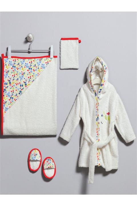 Miniyastore Miniya Kız Çocuk Beyaz Unicorn Nakışlı Havlu Terlik Kese Bornoz Seti