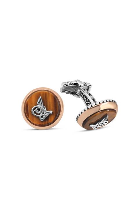 Silverplus Erkek Gümüş Kaplan Gözü Taşlı Osmanlı Tuğralı Kol Düğmesi KG2536