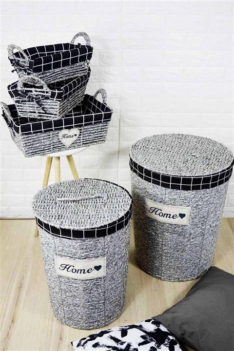 Gülruli Lüx Hasır Çamaşır Sepeti 5 Li Gri Siyah