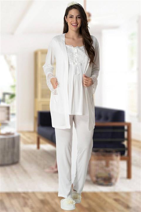 Mecit Pijama 5420 Ekru Sabahlıklı Dantel Detaylı Lohusa Pjama Takımı