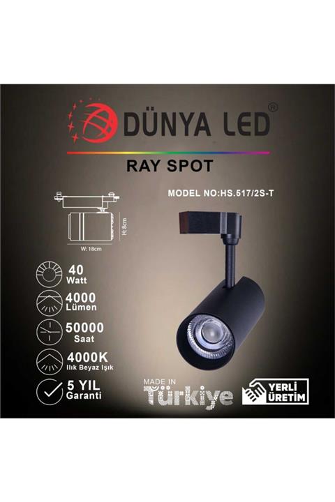 DÜNYA LED Hs.517/2s-t 40w Cob Led Ray Spot Siyah 4000k Ilık Beyaz Işık Trifaze