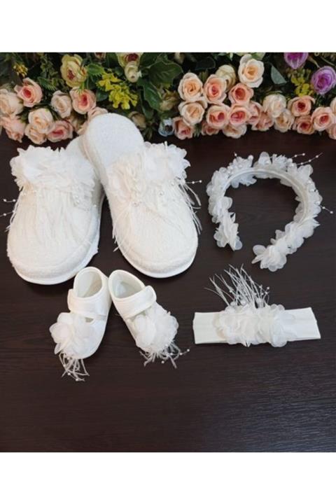 SÜSLÜTASARIM Lohusa Terlik Ve Taç Tüylü Incili 4 Lü Set