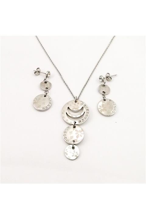 POLO&SKY KadınÇelik Zirkon Taşlı Çiçekli Gülümseme 2'li Set 316 l