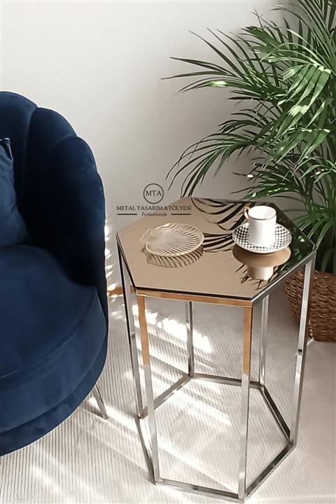 METAL TASARIM ATÖLYESİ Corner Metal Ayaklı Aynalı Camlı Dekoratif Yan Sehpa & Laptop Sehpası & Ofis Sehpası - Gümüş - Bronz