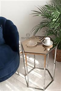 METAL TASARIM ATÖLYESİ Corner Metal Ayaklı Aynalı Camlı Dekoratif Yan Sehpa & Laptop Sehpası & Ofis Sehpası - Gümüş - Bronz