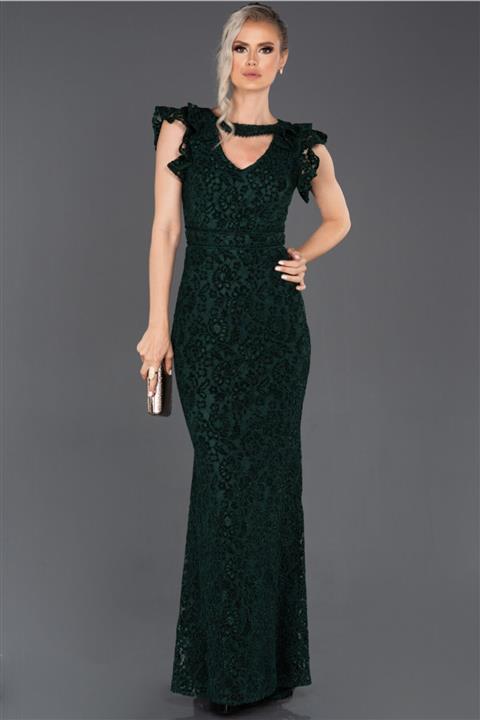 Abiyefon Zümrüt Yeşili Uzun Güpürlü Balık Kadife Abiye Elbise Abu1001